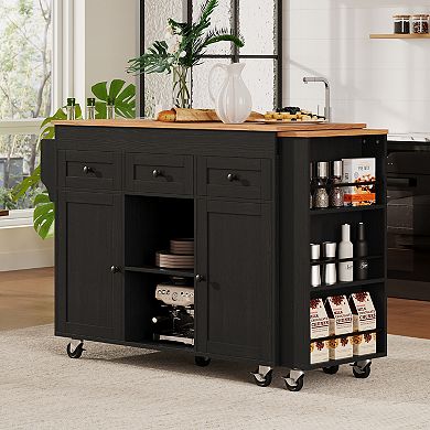 Merax 85.5" Kitchen Island with Extendable Dining Table, Rolling Cart with Power Outlet, 3 Drawers