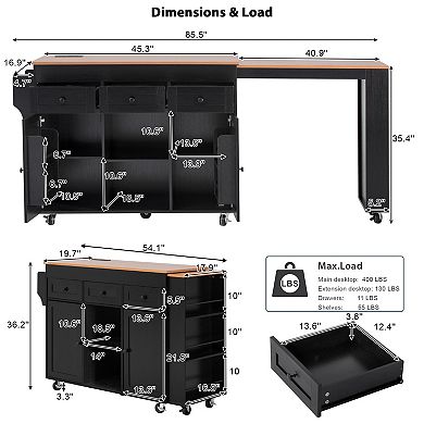 Merax 85.5" Kitchen Island with Extendable Dining Table, Rolling Cart with Power Outlet, 3 Drawers