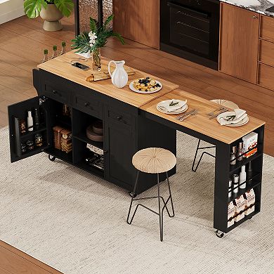 Merax 85.5" Kitchen Island with Extendable Dining Table, Rolling Cart with Power Outlet, 3 Drawers