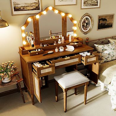 Merax 44.37" Makeup Vanity Desk with 13 Hollywood Bulbs & 3 Lighting Modes