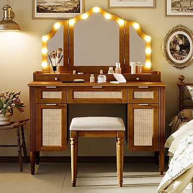 Merax 44.37" Makeup Vanity Desk with 13 Hollywood Bulbs & 3 Lighting Modes