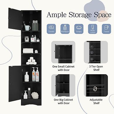 Merax Tall Corner Bathroom Storage Cabinet Two Doors, Adjustable Shelves & Open Shelf