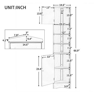 Merax Tall Corner Bathroom Storage Cabinet Two Doors, Adjustable Shelves & Open Shelf