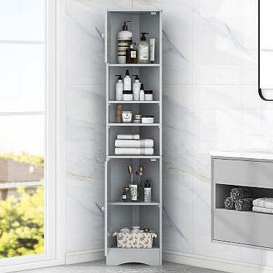 Merax Tall Corner Bathroom Storage Cabinet Two Doors, Adjustable Shelves & Open Shelf