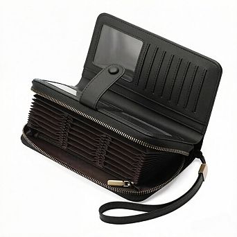 ZUQIETA RFID Leather Credit Card Holder Large Capacity Bifold Zipper Wristlet, 45 Slots