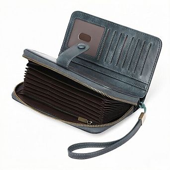 ZUQIETA RFID Leather Credit Card Holder Large Capacity Bifold Zipper Wristlet, 45 Slots