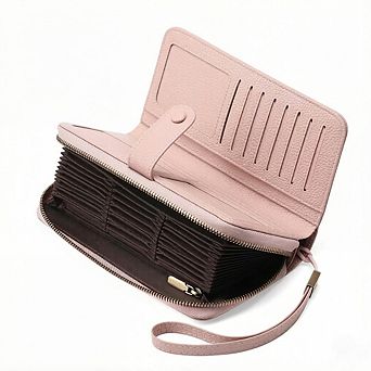 ZUQIETA RFID Leather Credit Card Holder Large Capacity Bifold Zipper Wristlet, 45 Slots