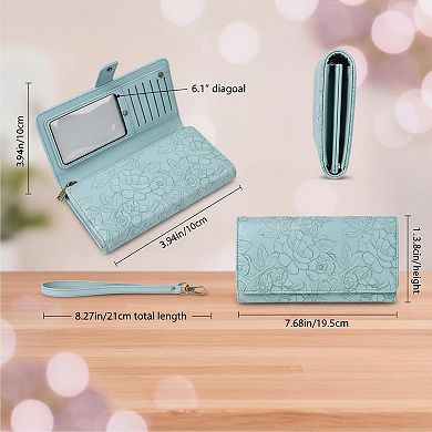 ZUQIETA Leather RFID Blocking Trifold Wallet for Women with Wristlet ID Windows Card Slots