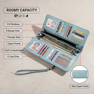 ZUQIETA Leather RFID Blocking Trifold Wallet for Women with Wristlet ID Windows Card Slots