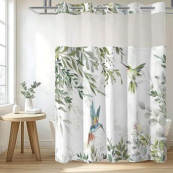 No Hook Floral Shower Curtain with Snap-In Waterproof Liner & Mesh Window