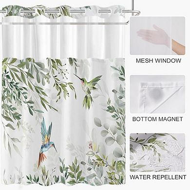 No Hook Floral Shower Curtain with Snap-In Waterproof Liner & Mesh Window