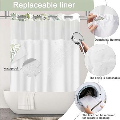 No Hook Floral Shower Curtain with Snap-In Waterproof Liner & Mesh Window