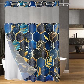 No-Hook Geometric Marble Shower Curtain with Snap-In Liner, Waterproof Fabric Curtain