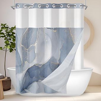 No Hook Blue Marble Shower Curtain with Snap-In Fabric Liner & Hotel Style Design