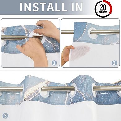 No Hook Blue Marble Shower Curtain with Snap-In Fabric Liner & Hotel Style Design