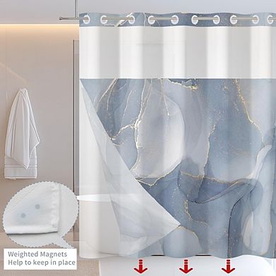 No Hook Blue Marble Shower Curtain with Snap-In Fabric Liner & Hotel Style Design