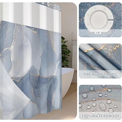 No Hook Blue Marble Shower Curtain with Snap-In Fabric Liner & Hotel Style Design