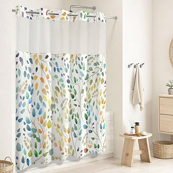 No-Hook Floral Shower Curtain with Snap-In Liner, Waterproof Boho Fabric Curtain