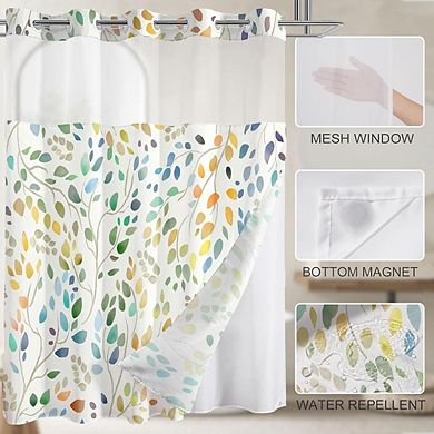 No-Hook Floral Shower Curtain with Snap-In Liner, Waterproof Boho Fabric Curtain