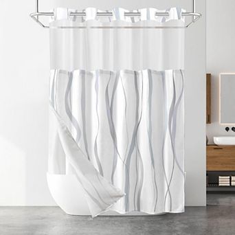 No Hook Shower Curtain with Snap-In Liner, Striped Waterproof Fabric