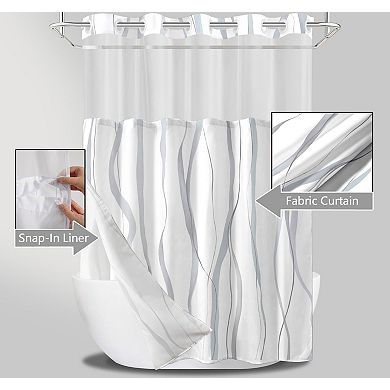 No Hook Shower Curtain with Snap-In Liner, Striped Waterproof Fabric