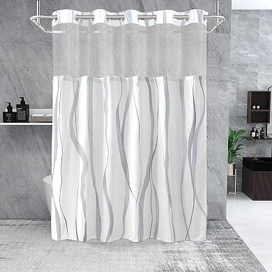 No Hook Shower Curtain with Snap-In Liner, Striped Waterproof Fabric