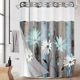 No-Hook Farmhouse Shower Curtain with Snap-In Liner, Waterproof Floral Bath Curtain