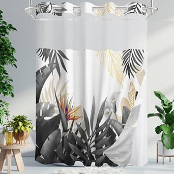 No-Hook Shower Curtain with Snap-In Liner, Tropical Leaf Waterproof Fabric Curtain