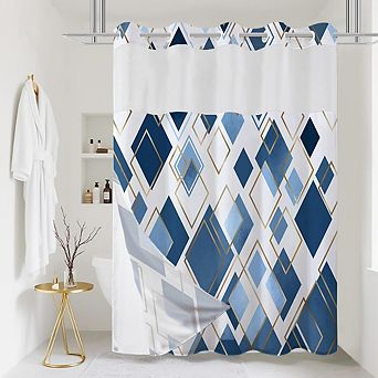 No-Hook Geometric Shower Curtain with Snap-In Liner, Waterproof Fabric Bath Curtain
