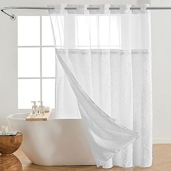 Boho No-Hook Shower Curtain with Snap-in Liner, Tufted Chevron Fabric