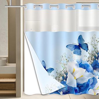 No Hook Nature Shower Curtain with Snap-in Liner, Waterproof, Floral Design