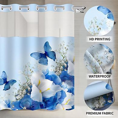 No Hook Nature Shower Curtain with Snap-in Liner, Waterproof, Floral Design