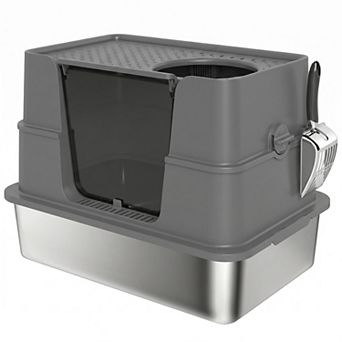 PawHut XL Stainless Steel Litter Box with 100° Flip Top, Scoop