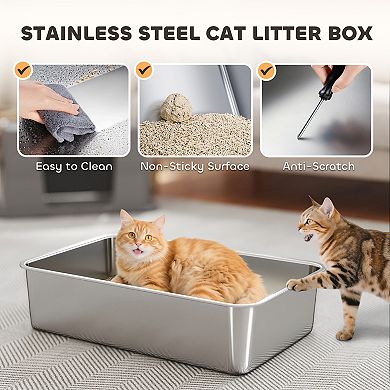 PawHut XL Stainless Steel Litter Box with 100° Flip Top, Scoop