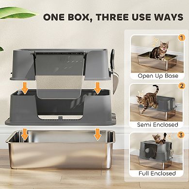 PawHut XL Stainless Steel Litter Box with 100° Flip Top, Scoop