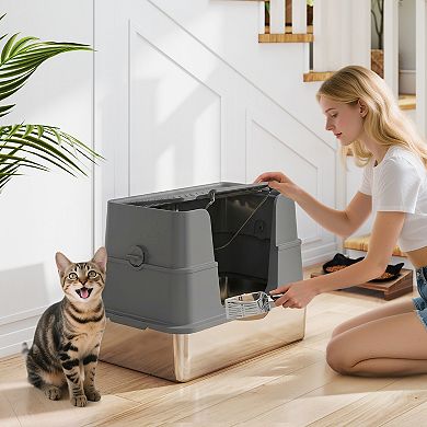 PawHut XL Stainless Steel Litter Box with 100° Flip Top, Scoop
