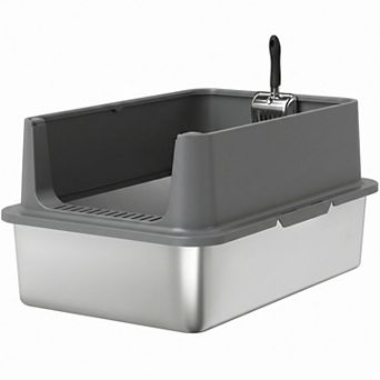 PawHut XL Stainless Steel Cat Litter Box High Sided Include Scoop & Pad