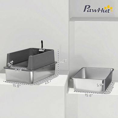 PawHut XL Stainless Steel Cat Litter Box High Sided Include Scoop & Pad