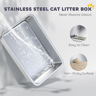 PawHut XL Stainless Steel Cat Litter Box High Sided Include Scoop & Pad