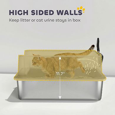 PawHut XL Stainless Steel Cat Litter Box High Sided Include Scoop & Pad