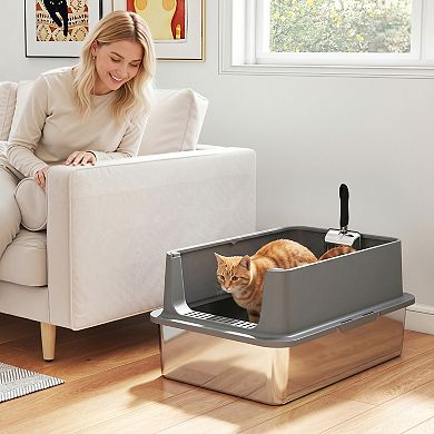 PawHut XL Stainless Steel Cat Litter Box High Sided Include Scoop & Pad