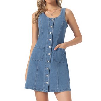 Denim Dress for Women Button Down V Neck Sleeveless Collarless Mini Jean Dresses with Pockets