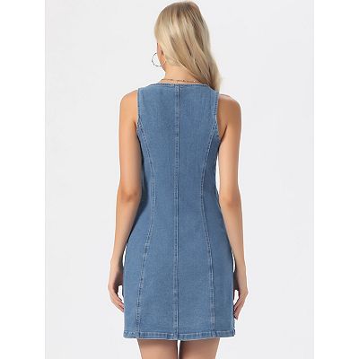 collarless denim dress Denim Dress for Women Button Down V Neck Sleeveless Collarless Mini Jean  Dresses with Pockets