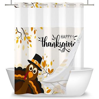 No Hook Thanksgiving Turkey Shower Curtain with Snap-In Liner & Autumn Leaf Design
