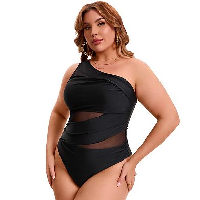2 Packs Women's Plus Size 1 Piece Swimsuit, See Through Mesh Swimwear & Back Tie Drawstring Swimsuit