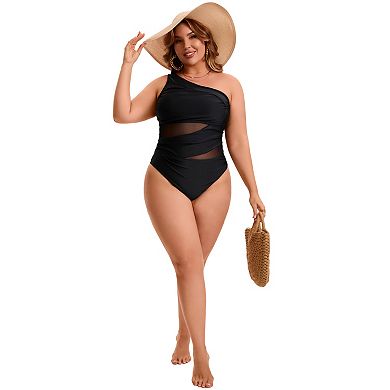2 Packs Women's Plus Size 1 Piece Swimsuit, See Through Mesh Swimwear & Back Tie Drawstring Swimsuit