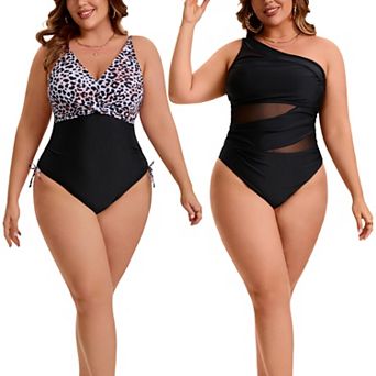 2 Packs Women's Plus Size 1 pc Swimsuit, See Through Mesh Swimwear & Back Tie Drawstring Swimsuit