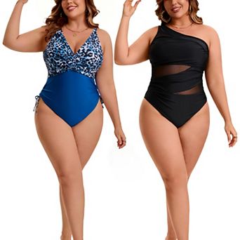 2 Packs Women's Plus Size 1 pc Swimsuit, See Through Mesh Swimwear & Back Tie Drawstring Swimsuit