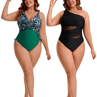 2 Packs Women's Plus Size 1 pc Swimsuit, See Through Mesh Swimwear & Back Tie Drawstring Swimsuit