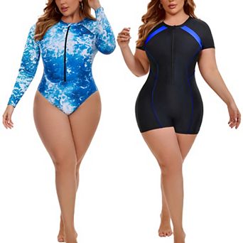 2 Packs Women's Plus Size Surfing Swimwear, Long Sleeve Tie Dye & Contrasting Short Sleeves Swimsuit